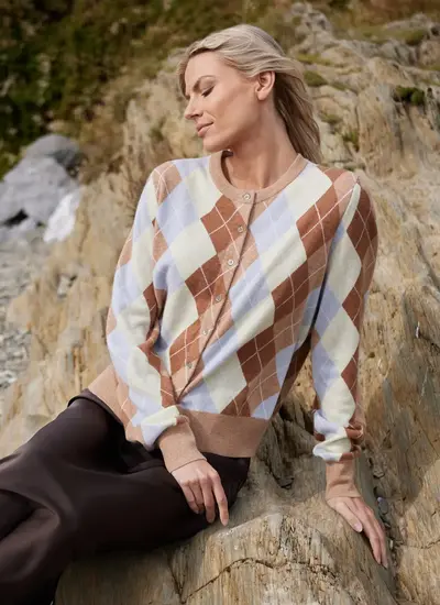 Cashmere Wool Argyle Cardigan in Brown
